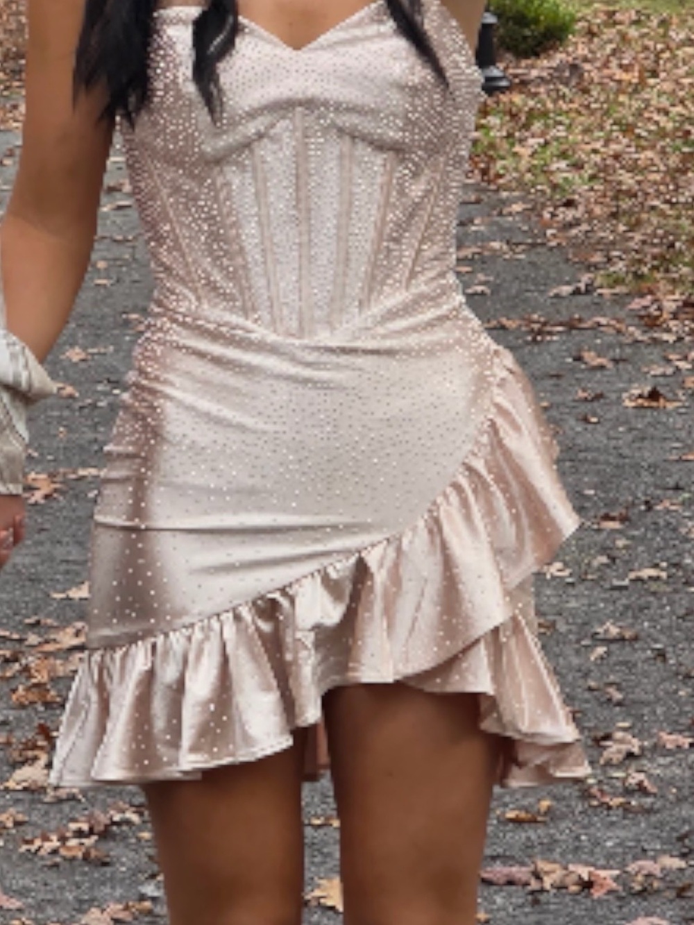 Rhinestone Embellished Satin Ruffle Mini Dress - Champagne